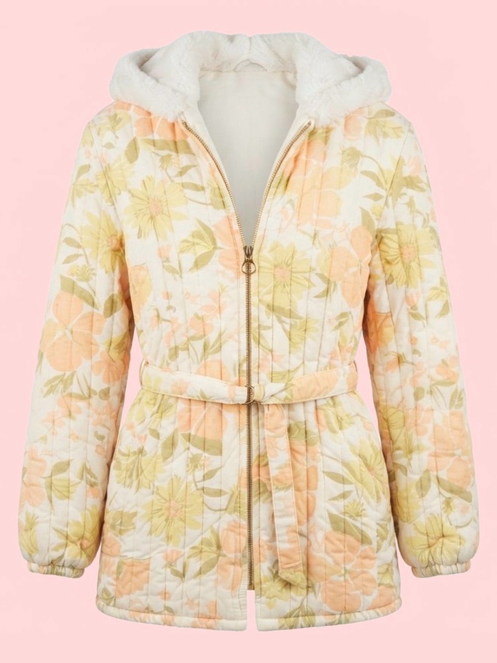 1970s Reversible Belted  Quilted Floral Coat | Faux Fur Hood| OOAK Sz S/XS
